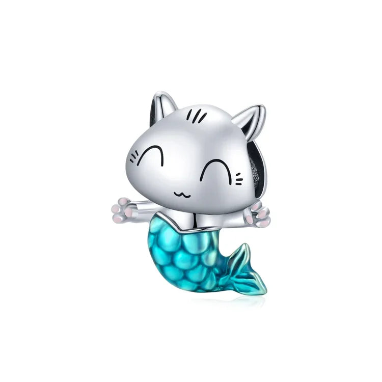 Contas de Gato Sereia em Prata Esterlina S925 para DIY Pulseira Colar Acessórios, Gato Sereia