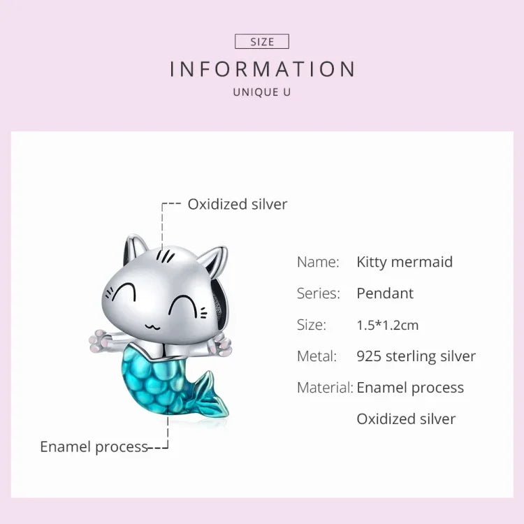 Contas de Gato Sereia em Prata Esterlina S925 para DIY Pulseira Colar Acessórios, Gato Sereia