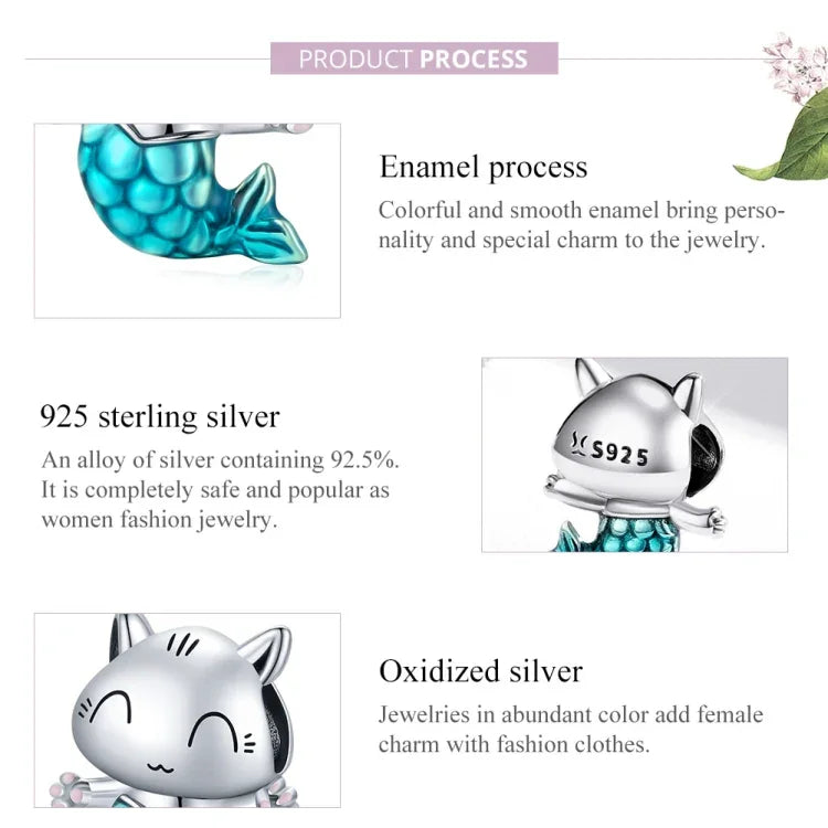 Contas de Gato Sereia em Prata Esterlina S925 para DIY Pulseira Colar Acessórios, Gato Sereia