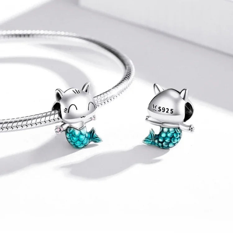 Contas de Gato Sereia em Prata Esterlina S925 para DIY Pulseira Colar Acessórios, Gato Sereia