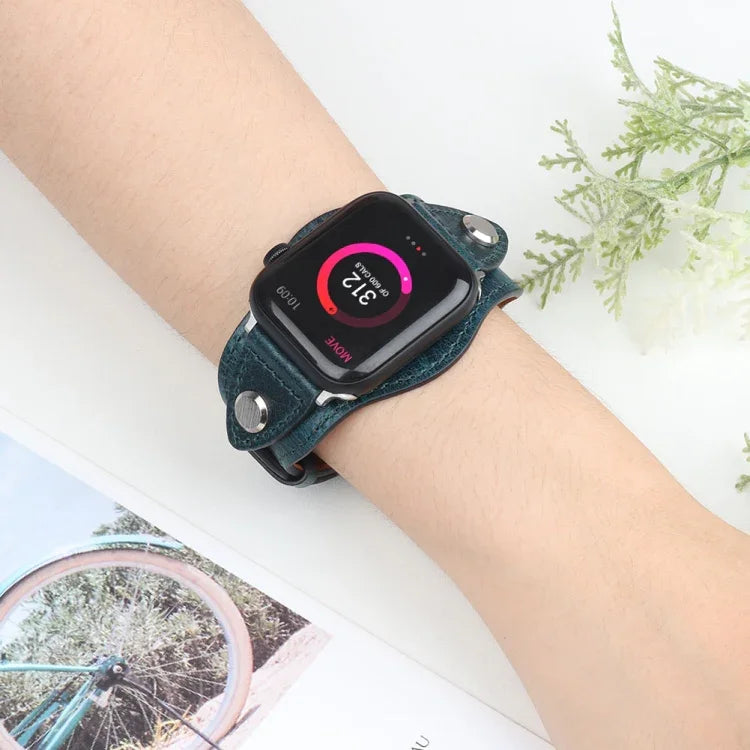 Leather replacement watchband for Apple Watch on wrist, compatible with various Apple Watch models.