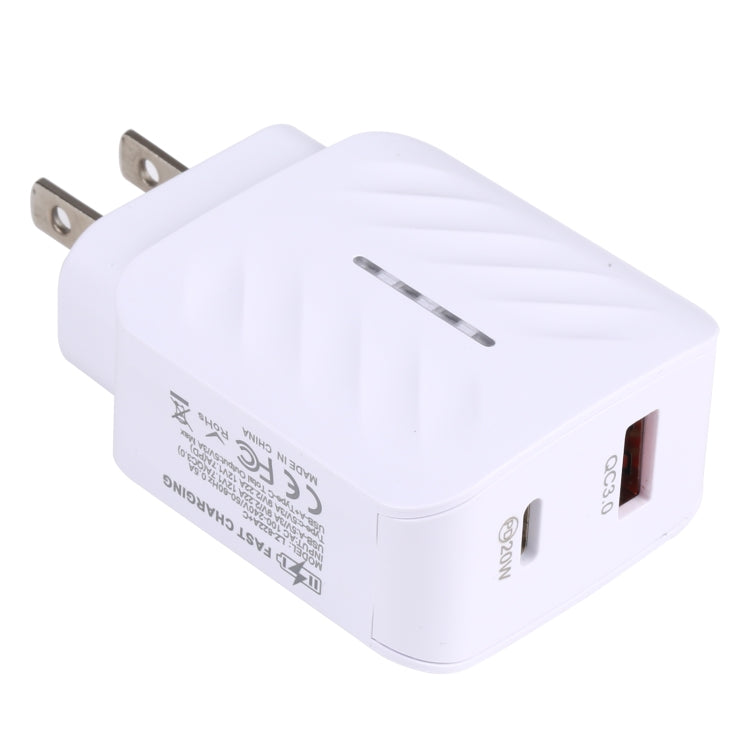 LZ-822A+C Carregador de Viagem Rápido PD 20W USB-C / Type-C + QC 3.0 USB, Ficha US, Ficha EU
