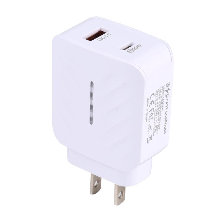 LZ-822A+C Carregador de Viagem Rápido PD 20W USB-C / Type-C + QC 3.0 USB, Ficha US, Ficha EU