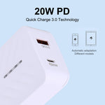 LZ-822A+C Carregador de Viagem Rápido PD 20W USB-C / Type-C + QC 3.0 USB, Ficha US, Ficha EU