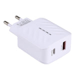 LZ-822A+C Carregador de Viagem Rápido PD 20W USB-C / Type-C + QC 3.0 USB, Ficha US, Ficha EU
