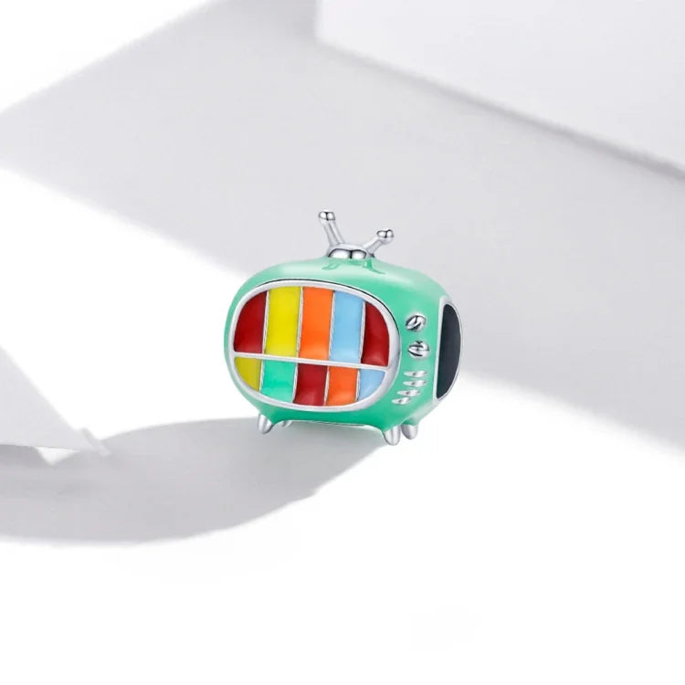 Acessórios para Pulseira e Colar DIY com Contas Mini TV Colorida em Prata Esterlina S925, Mini TV Colorida
