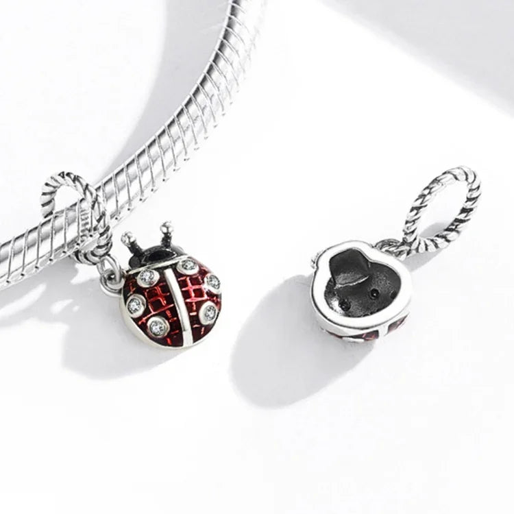 Pendente de Joaninha em Prata Esterlina S925 para DIY Pulseira Colar Acessórios, Pendente de Joaninha