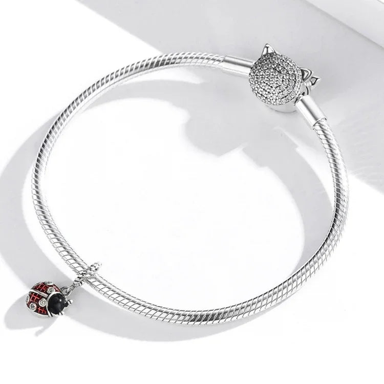 Pendente de Joaninha em Prata Esterlina S925 para DIY Pulseira Colar Acessórios, Pendente de Joaninha