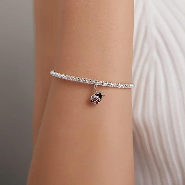 Pendente de Joaninha em Prata Esterlina S925 para DIY Pulseira Colar Acessórios, Pendente de Joaninha