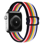 8-shaped buckle nylon replacement strap for Apple Watch in vibrant striped colors, compatible with multiple series and sizes.