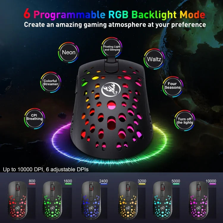 HXSJ T100 10000 DPI Rato com Fios e Sem Fios Modo Duplo Definição Macro RGB