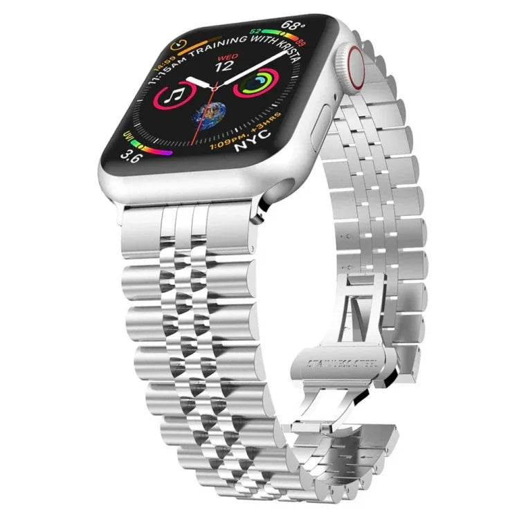 Correias de substituição em aço inoxidável com cinco contas para Apple Watch Series, 7 45mm / 6 & SE & 5 & 4 44mm / 3 & 2 & 1 42mm, 7 41mm / 6 & SE & 5 & 4 40mm / 3 & 2 & 1 38mm