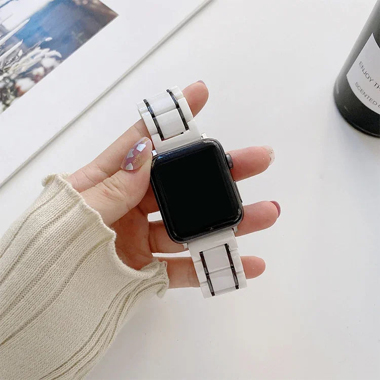 Correias de substituição em cerâmica e aço com cinco contas para Apple Watch Series, 7 45mm / 6 & SE & 5 & 4 44mm / 3 & 2 & 1 42mm, 7 41mm / 6 & SE & 5 & 4 40mm / 3 & 2 & 1 38mm