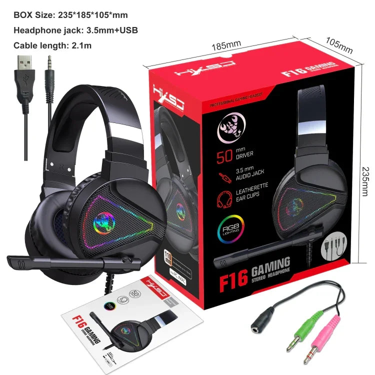 HXSJ F16 Auscultadores Gaming Estéreo com Luz RGB, Porta 3,5mm + USB e Microfone