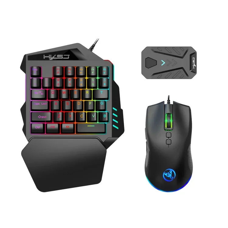 Conjunto HXSJ P8+V100+J900 Conversor Teclado-Rato + Teclado de Uma Mão + Rato Gaming Programável, P8+V100+A883