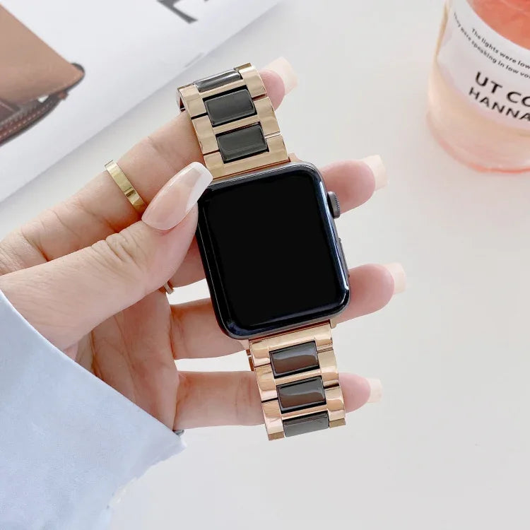22mm Width Three Beads Ceramics Steel Replacement Strap Watchband For Apple Watch Series, 7 41mm / 6 & SE & 5 & 4 40mm / 3 & 2 & 1 38mm, 7 45mm / 6 & SE & 5 & 4 44mm / 3 & 2 & 1 42mm