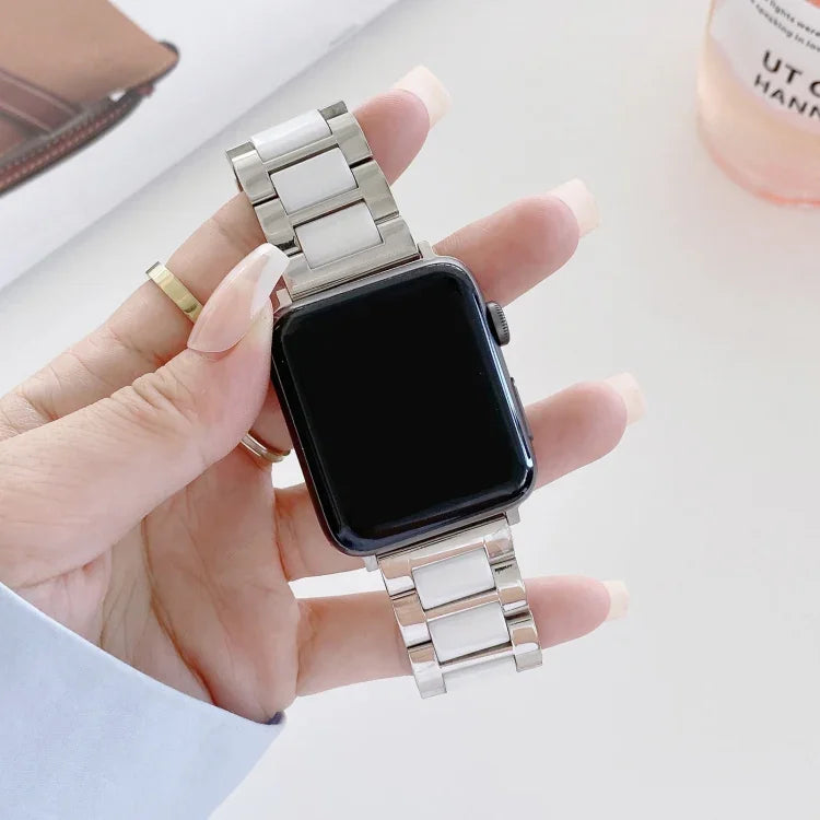 22mm Width Three Beads Ceramics Steel Replacement Strap Watchband For Apple Watch Series, 7 41mm / 6 & SE & 5 & 4 40mm / 3 & 2 & 1 38mm, 7 45mm / 6 & SE & 5 & 4 44mm / 3 & 2 & 1 42mm