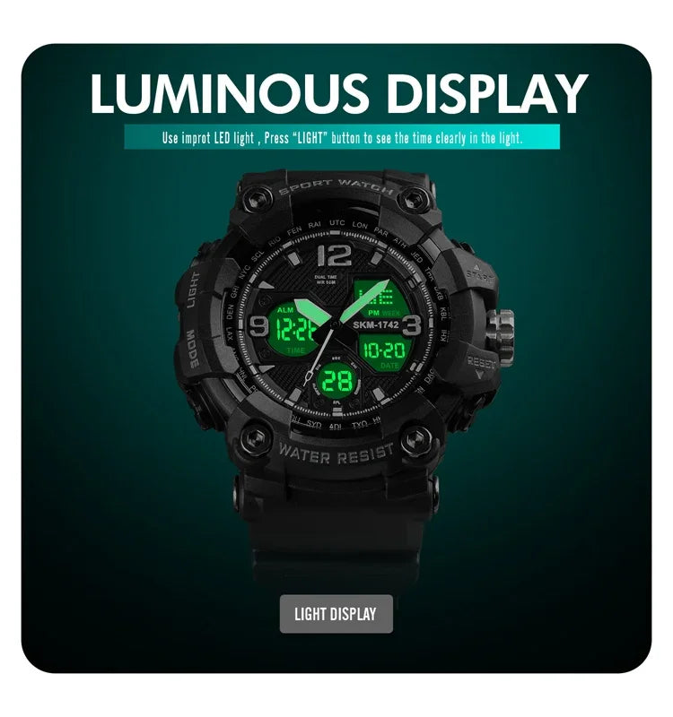 SKMEI 1742 Relógio Eletrónico Desportivo Luminoso com Mostrador LED de Quatro Ecrãs e Amortecimento para Homem