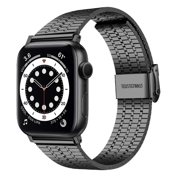 Correia de substituição em aço com fivela dupla de segurança e sete contas para Apple Watch Series, 7 41mm / 6 & SE & 5 & 4 40mm / 3 & 2 & 1 38mm, 7 45mm / 6 & SE & 5 & 4 44mm / 3 & 2 & 1 42mm