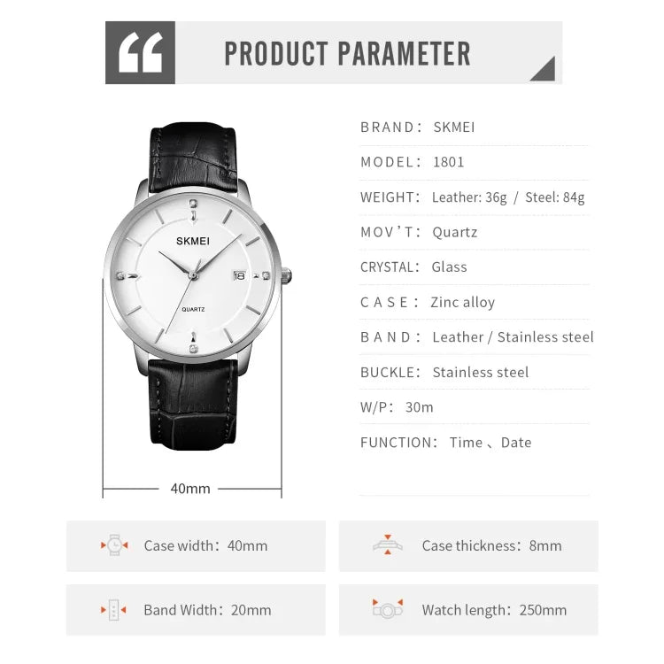 SKMEI 1801 Relógio de Quartzo Casual com Calendário para Homem