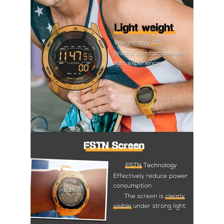 NORTH EDGE Mars Relógio Desportivo Inteligente Digital Luminoso e Impermeável para Homem, Suporta Alarme, Contagem Decrescente e Modo Desportivo