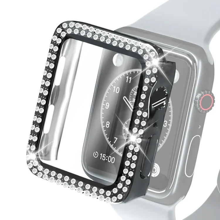 Capa Protetora de Diamantes com Dupla Fileira em PC Electroplated com Filme de Vidro Temperado para Apple Watch Series, 3 & 2 & 1 38mm, 3 & 2 & 1 42mm