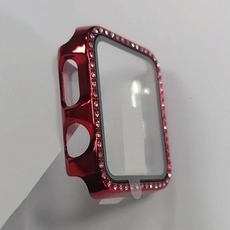 Electroplating PC Single Row Diamond Protective Case with Tempered Glass Film For Apple Watch Series, 3 & 2 & 1 38mm, 3 & 2 & 1 42mm