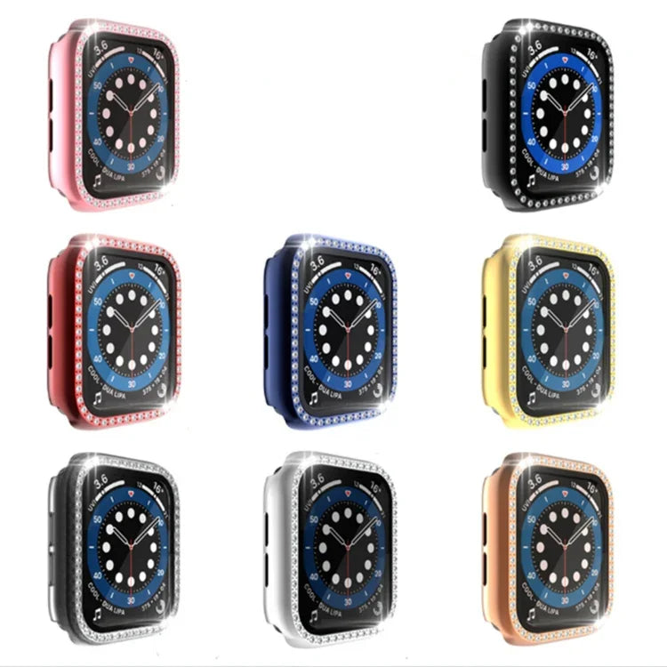 Electroplating PC Single Row Diamond Protective Case with Tempered Glass Film For Apple Watch Series, 3 & 2 & 1 38mm, 3 & 2 & 1 42mm