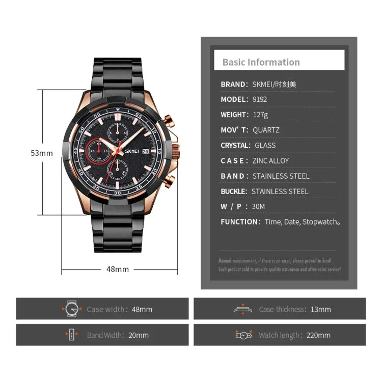 Relógio de Quartzo Luminoso SKMEI 9192 para Homem com Calendário, Cronómetro e Correia em Aço Inoxidável