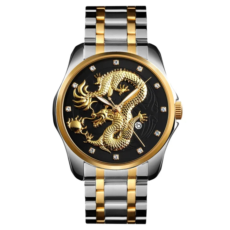 Relógio de Quartzo Luminoso SKMEI 9193 para Homem com Padrão de Dragão Dourado, Calendário e Mostrador