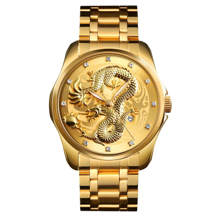 Relógio de Quartzo Luminoso SKMEI 9193 para Homem com Padrão de Dragão Dourado, Calendário e Mostrador