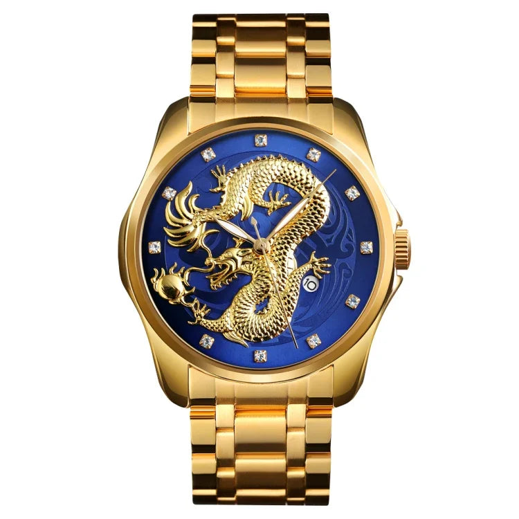 Relógio de Quartzo Luminoso SKMEI 9193 para Homem com Padrão de Dragão Dourado, Calendário e Mostrador