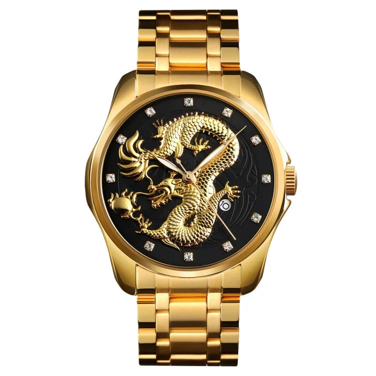 Relógio de Quartzo Luminoso SKMEI 9193 para Homem com Padrão de Dragão Dourado, Calendário e Mostrador