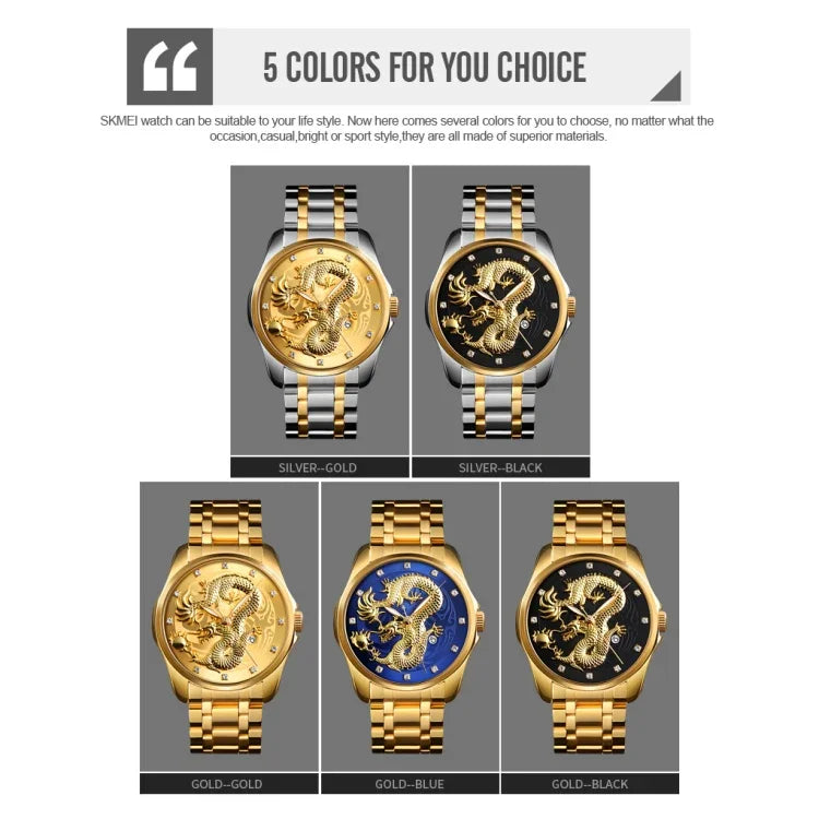 Relógio de Quartzo Luminoso SKMEI 9193 para Homem com Padrão de Dragão Dourado, Calendário e Mostrador