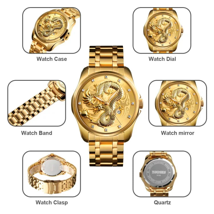 Relógio de Quartzo Luminoso SKMEI 9193 para Homem com Padrão de Dragão Dourado, Calendário e Mostrador