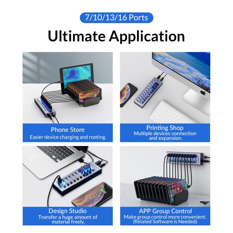 ORICO AT2U3-7AB-GY-BP HUB USB multiportas 7 em 1 em liga de alumínio com interruptores individuais, ficha UE, ficha UK, ficha AU