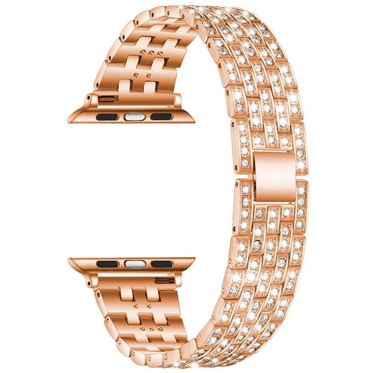Correia de substituição em aço com cinco contas de diamante para Apple Watch Series, 7 41mm / 6 & SE & 5 & 4 40mm / 3 & 2 & 1 38mm, 7 45mm / 6 & SE & 5 & 4 44mm / 3 & 2 & 1 42mm