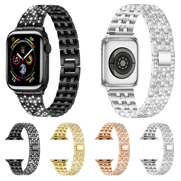 Correia de substituição em aço com cinco contas de diamante para Apple Watch Series, 7 41mm / 6 & SE & 5 & 4 40mm / 3 & 2 & 1 38mm, 7 45mm / 6 & SE & 5 & 4 44mm / 3 & 2 & 1 42mm