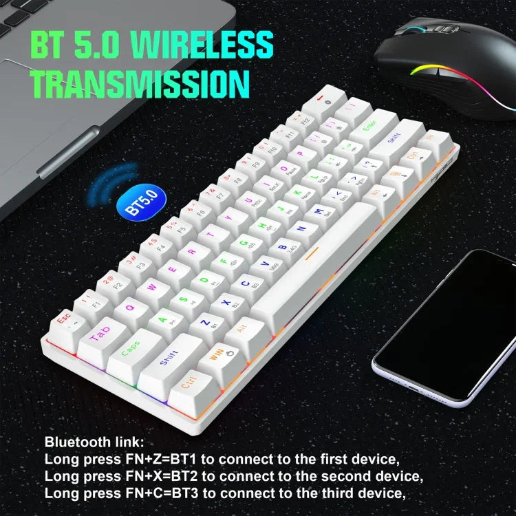 HXSJ L800 61 Teclas Teclado Mecânico Azul com Três Modos Bluetooth 5.0 / 2.4G Sem Fios / Com Fios Tipo-C