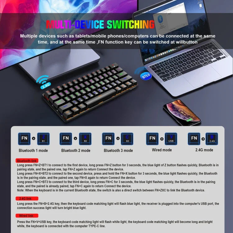 HXSJ L800 61 Teclas Teclado Mecânico Azul com Três Modos Bluetooth 5.0 / 2.4G Sem Fios / Com Fios Tipo-C