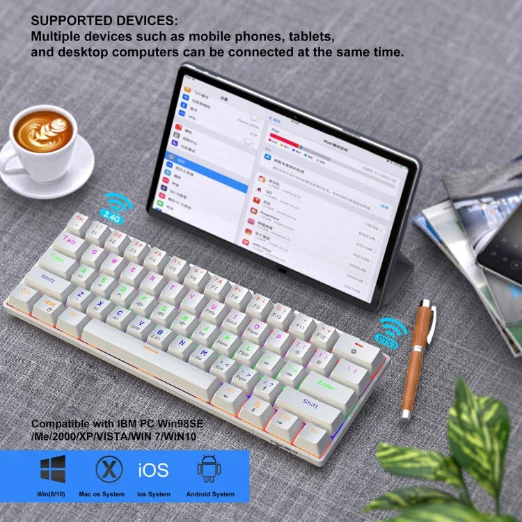 HXSJ L800 61 Teclas Teclado Mecânico Azul com Três Modos Bluetooth 5.0 / 2.4G Sem Fios / Com Fios Tipo-C