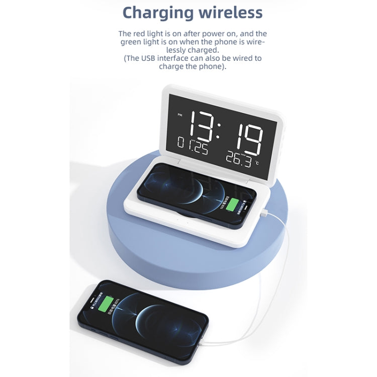 SY-118 Carregador Sem Fios Dobrável com Superfície de Espelho 15W, Calendário Perpétuo de Secretária, Relógio com Função de Alarme e Ajuste de Brilho em Três Níveis, SY-118 Preto, SY-118 Branco