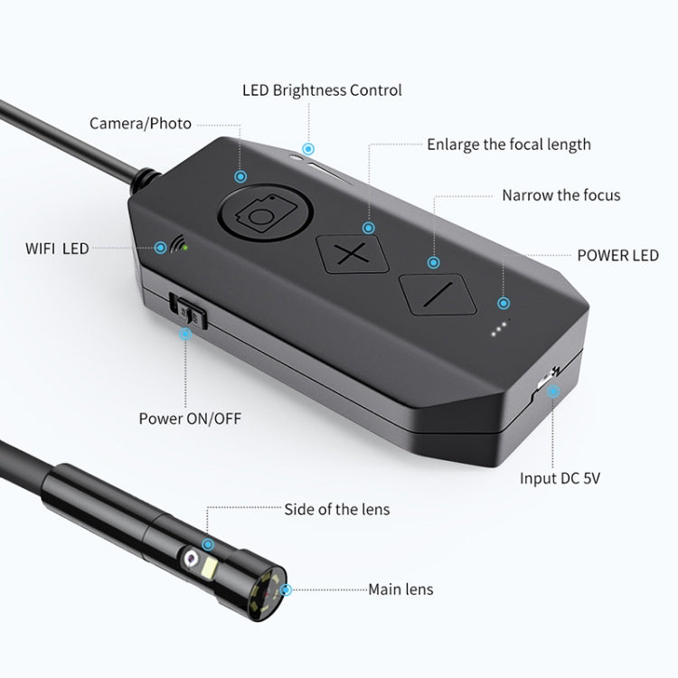 Y17 Câmara Endoscópica Digital Industrial HD WiFi com Dupla Lente 5MP 12mm Autofoco Zoomável, Cabo Rígido 1m, Cabo Rígido 3,5m, Cabo Rígido 5m, Cabo Rígido 10m