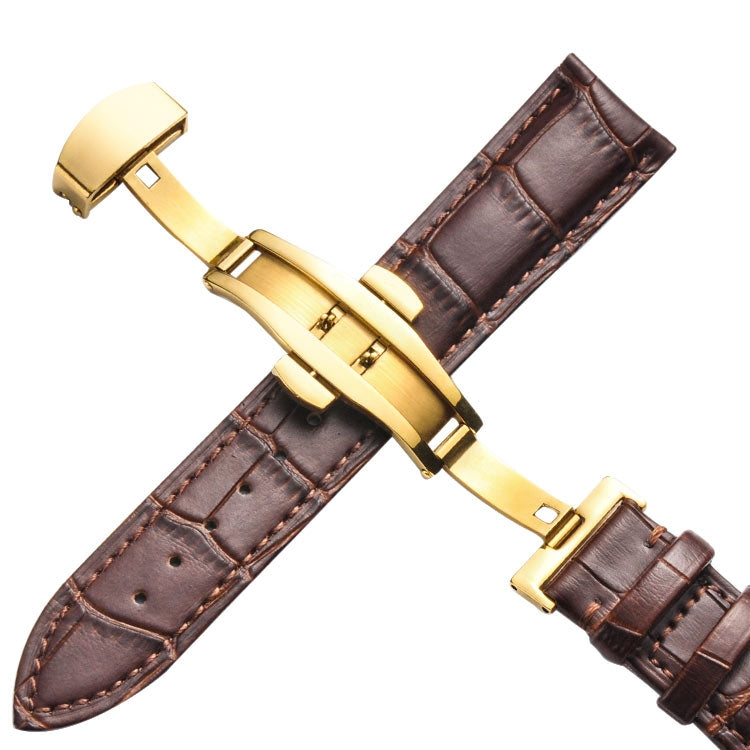 Classic Cowhide Leather Gold Butterfly Buckle Replacement Strap Watchband, 10mm, 12mm, 14mm, 16mm, 18mm, 20mm, 22mm, 24mm