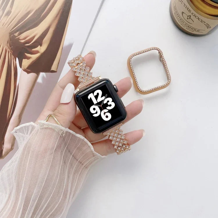 Pulseira de Substituição para Pulso em Metal com Diamantes Completos em Losango + Capa Para Apple Watch Series, Para Apple Watch Series 6 / 5 / 4 / Watch SE 40mm, Para Apple Watch Series 6 / 5 / 4 / Watch SE 44mm, 3 & 2 & 1 42mm, 3 & 2 & 1 38mm
