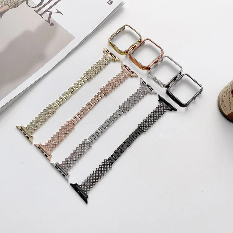 Pulseira de Substituição para Pulso em Metal com Diamantes Completos em Losango + Capa Para Apple Watch Series, Para Apple Watch Series 6 / 5 / 4 / Watch SE 40mm, Para Apple Watch Series 6 / 5 / 4 / Watch SE 44mm, 3 & 2 & 1 42mm, 3 & 2 & 1 38mm
