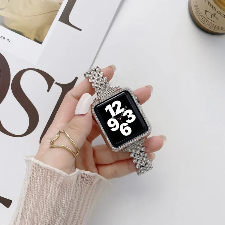 Pulseira de Substituição para Pulso em Metal com Diamantes Completos em Losango + Capa Para Apple Watch Series, Para Apple Watch Series 6 / 5 / 4 / Watch SE 40mm, Para Apple Watch Series 6 / 5 / 4 / Watch SE 44mm, 3 & 2 & 1 42mm, 3 & 2 & 1 38mm