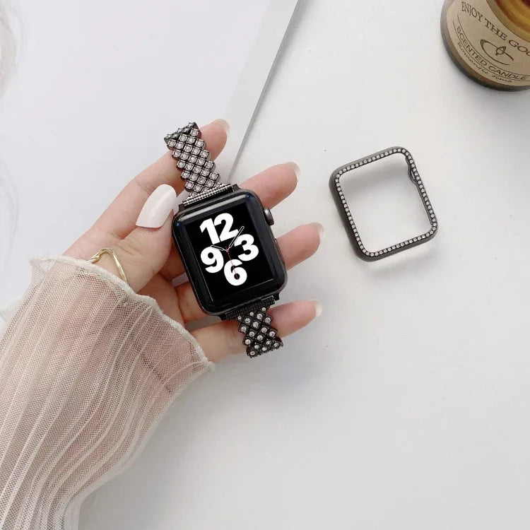 Pulseira de Substituição para Pulso em Metal com Diamantes Completos em Losango + Capa Para Apple Watch Series, Para Apple Watch Series 6 / 5 / 4 / Watch SE 40mm, Para Apple Watch Series 6 / 5 / 4 / Watch SE 44mm, 3 & 2 & 1 42mm, 3 & 2 & 1 38mm