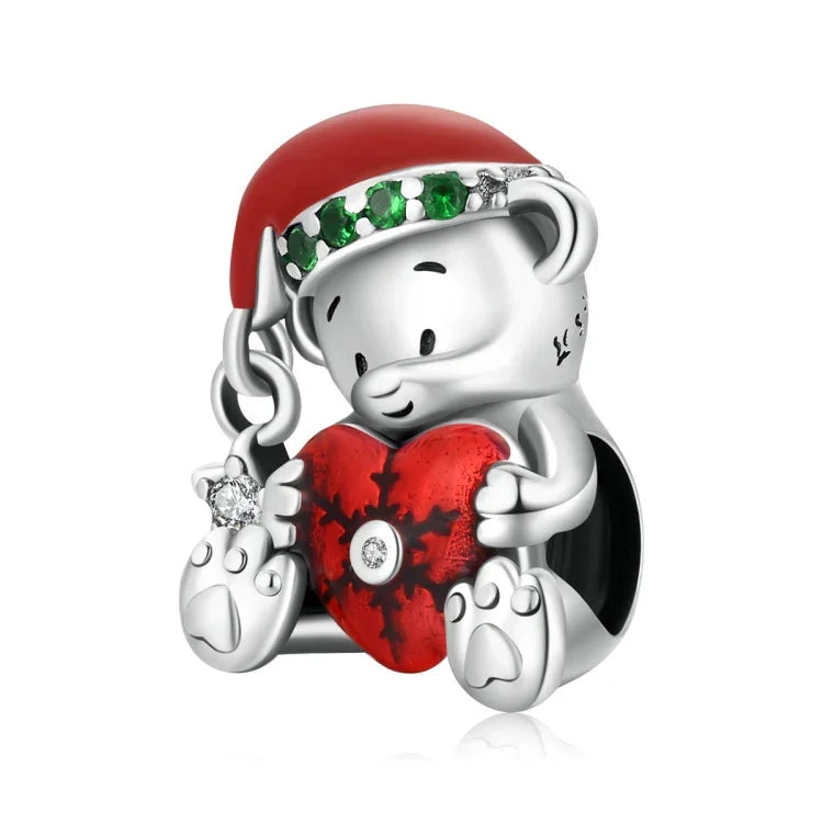 Contas de Urso de Natal em Prata Esterlina S925 para Pulseira e Colar DIY, SCC2035