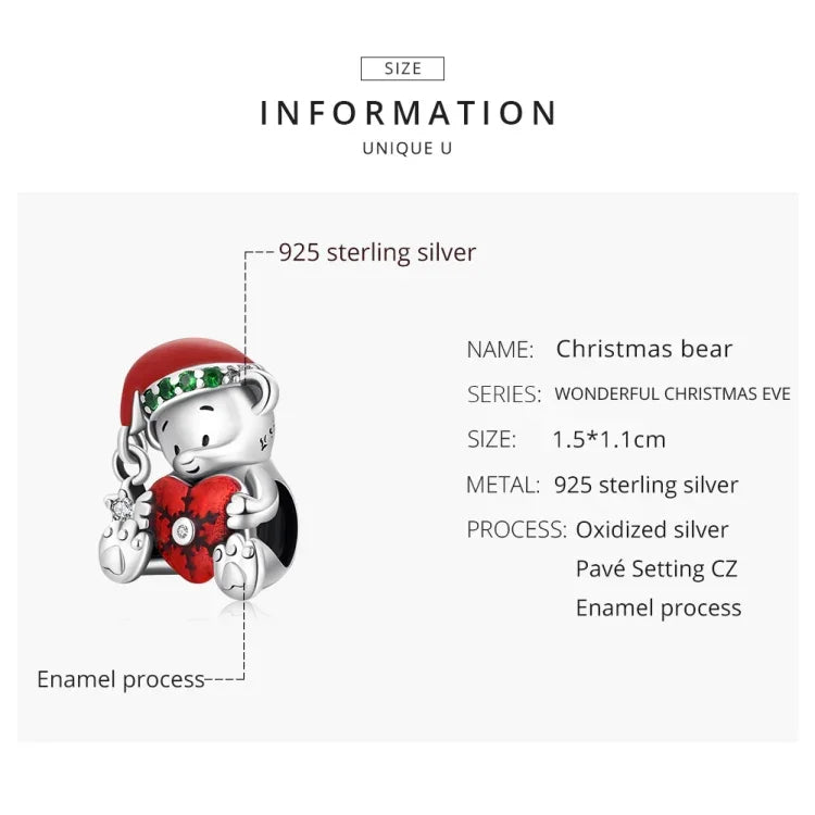 Contas de Urso de Natal em Prata Esterlina S925 para Pulseira e Colar DIY, SCC2035